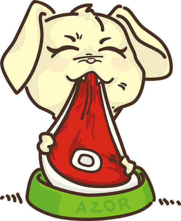 Afbeelding van een getekende hondenpup die een stuk vlees eet.